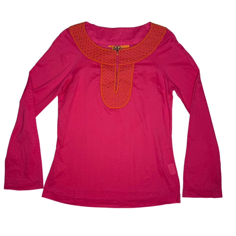 Tory Burch Pink Orange Embroidered Split Neck Cotton Tunic Blouse Size 8
